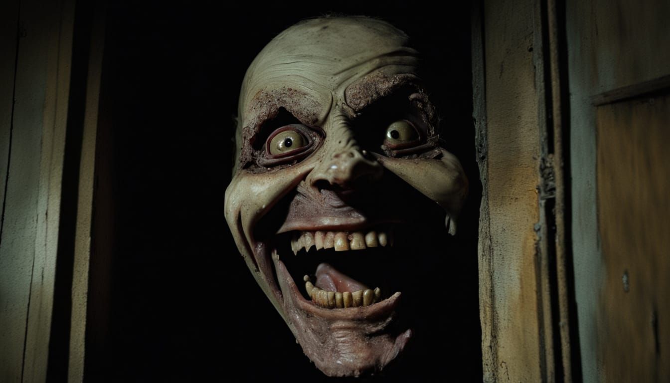Grotesque Grinning Face in Body Horror Still