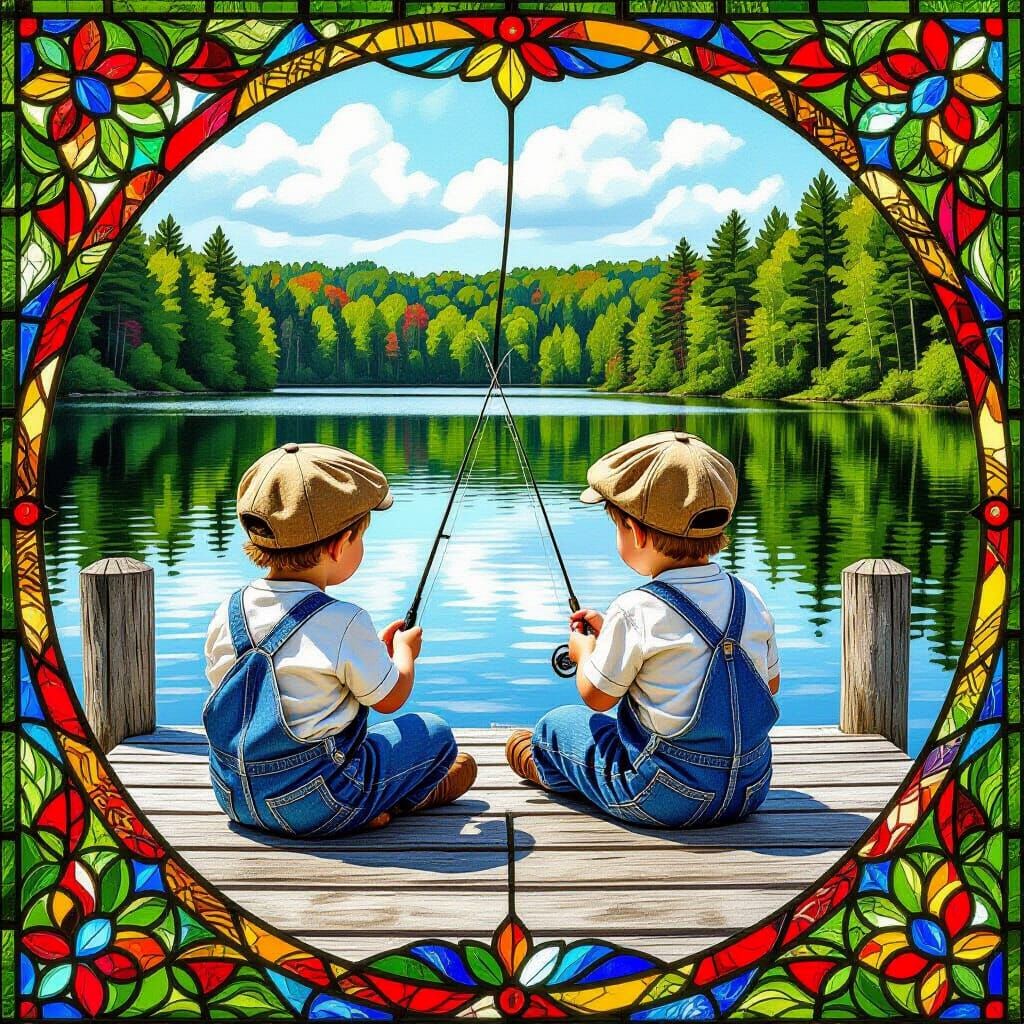 Toddler Boys Fishing: Stained Glass Style