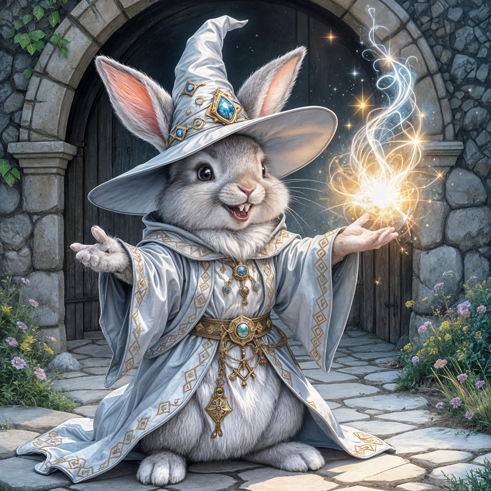 A Laughing Wizard Bunny in Silver Robes