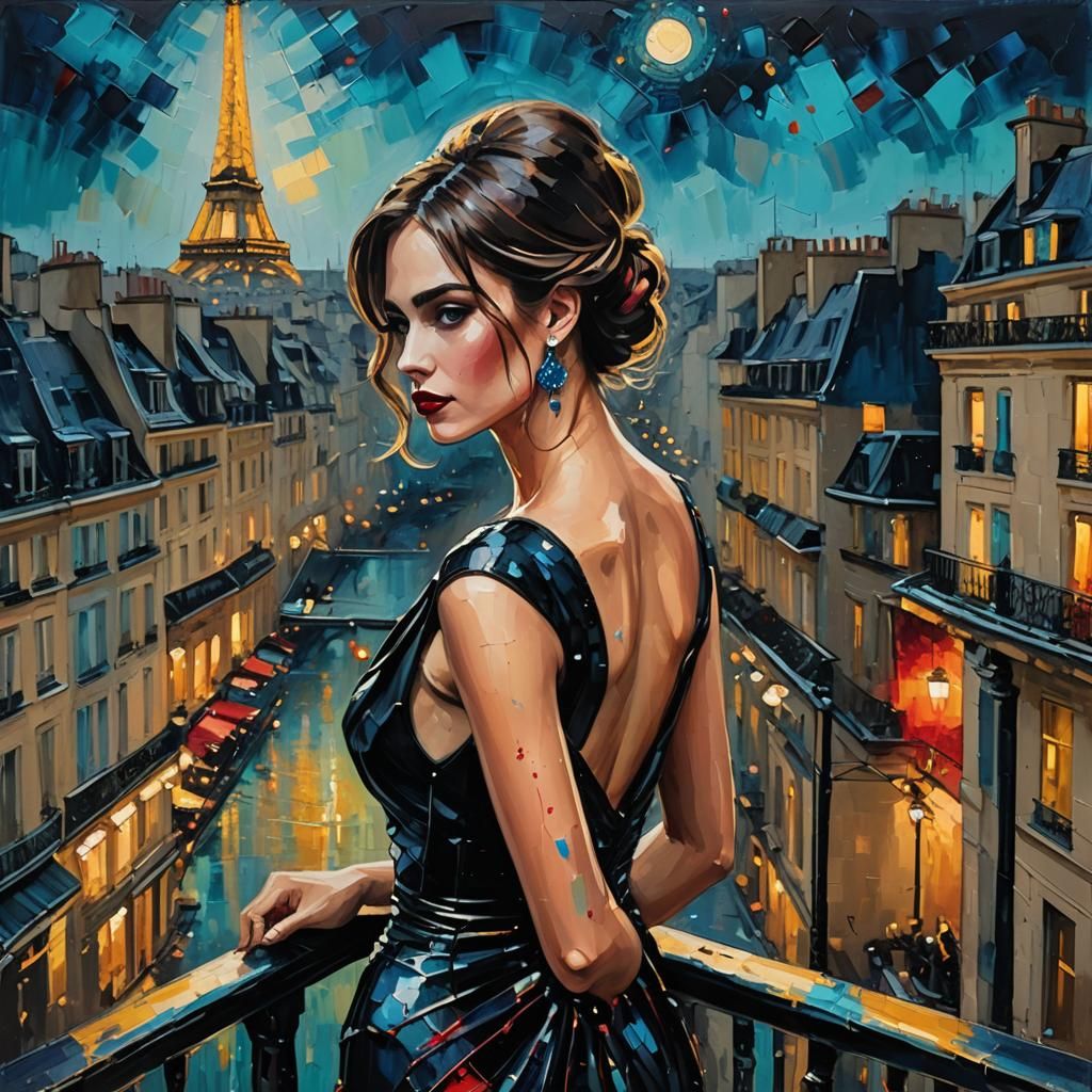 Woman on Balcony in Neo-Expressionist Oil Painting