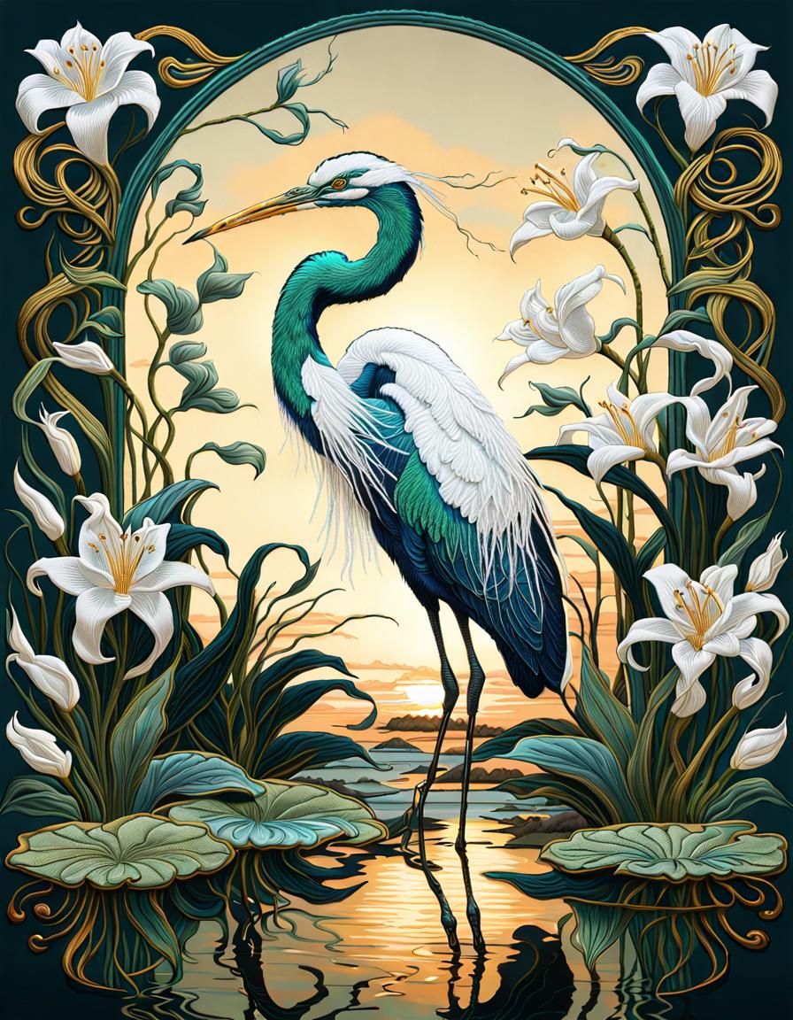 Ornate Heron Bird Embroidery with Lilies and Vines