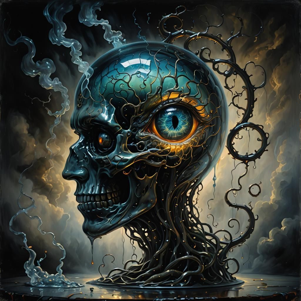 Dark Fantasy Eye Brain Oil Painting in Chiaroscuro