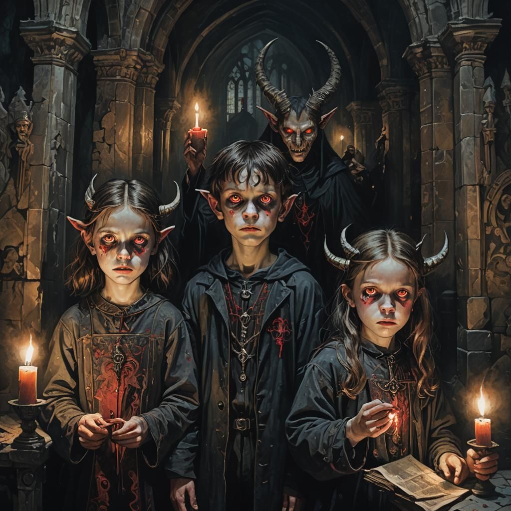 Children and Demon in Gothic Cathedral