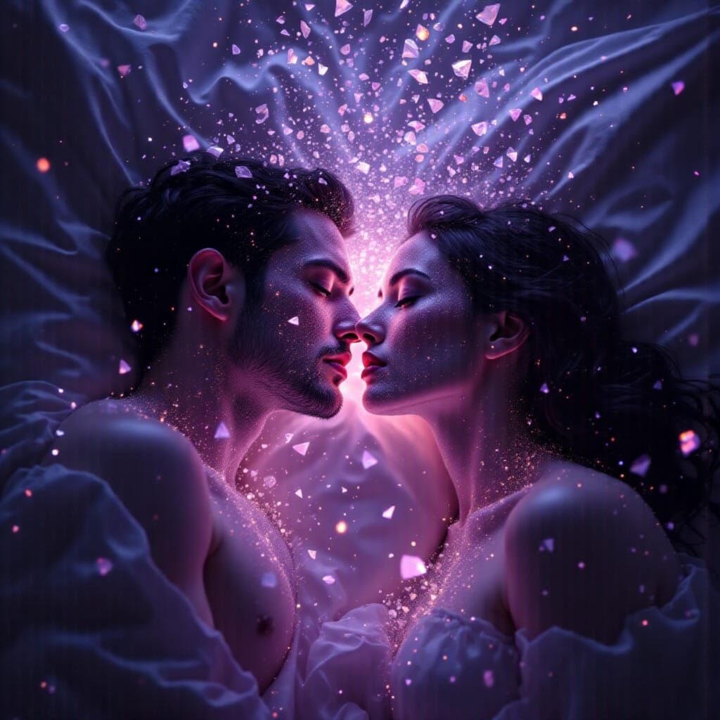 Crystalline Couple in Bed with Fractured Glass Walls