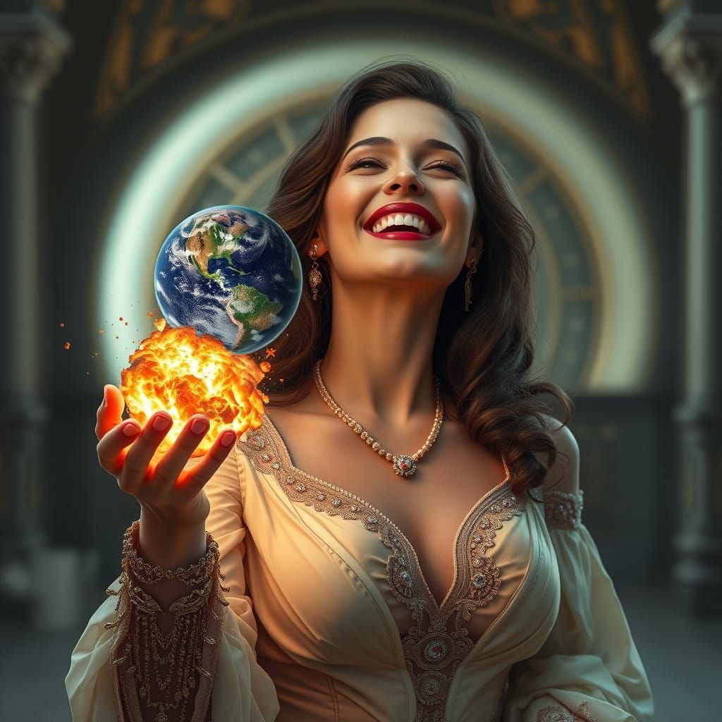 Woman Holds Exploding Planet: Hyperrealistic Digital Art
