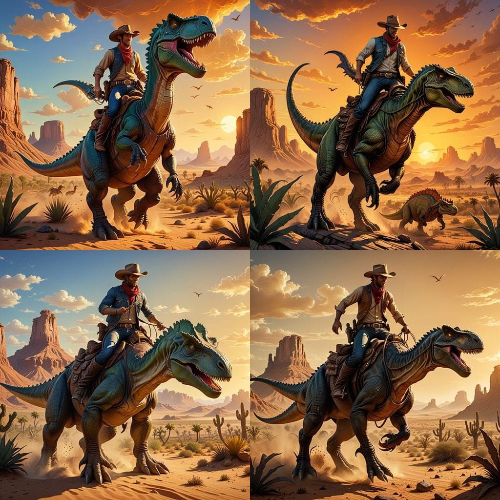 Cowboy Rides Dinosaur in Western Landscape