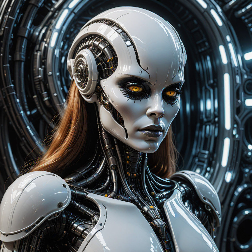 Cyberpunk Android Goddess in Futuristic Neo-Gothic Landscape