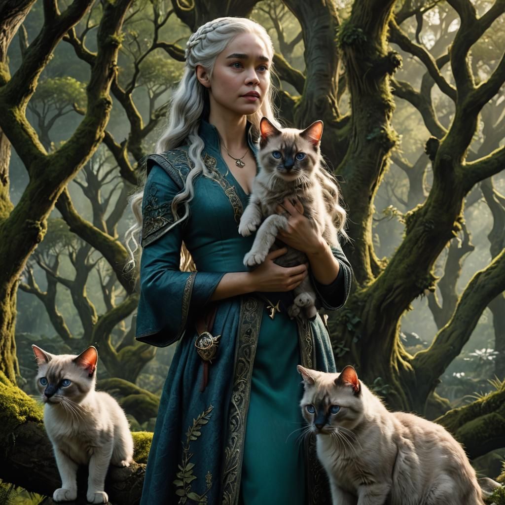 Daenerys Targaryen with Kitten in Forest, Detailed Matte Pai...