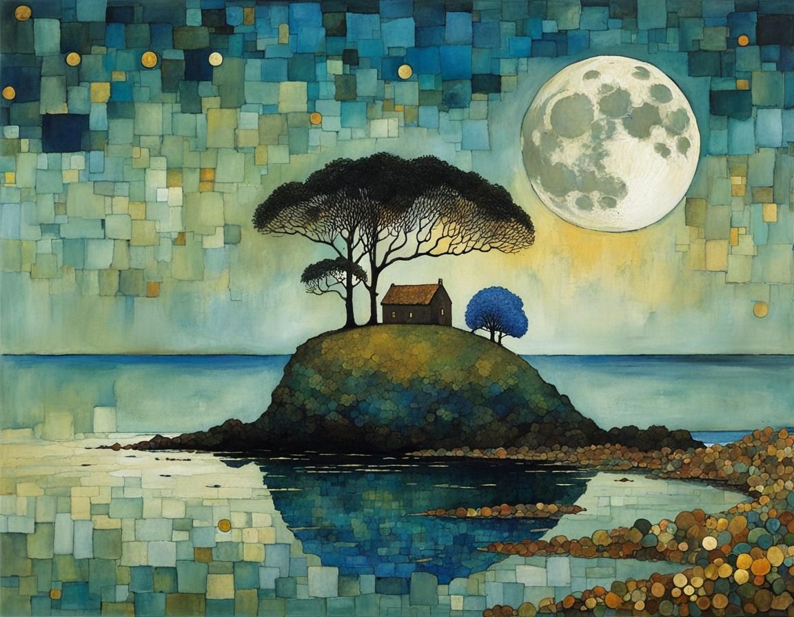 Whimsical Island Illustration in Cubist Impasto Style