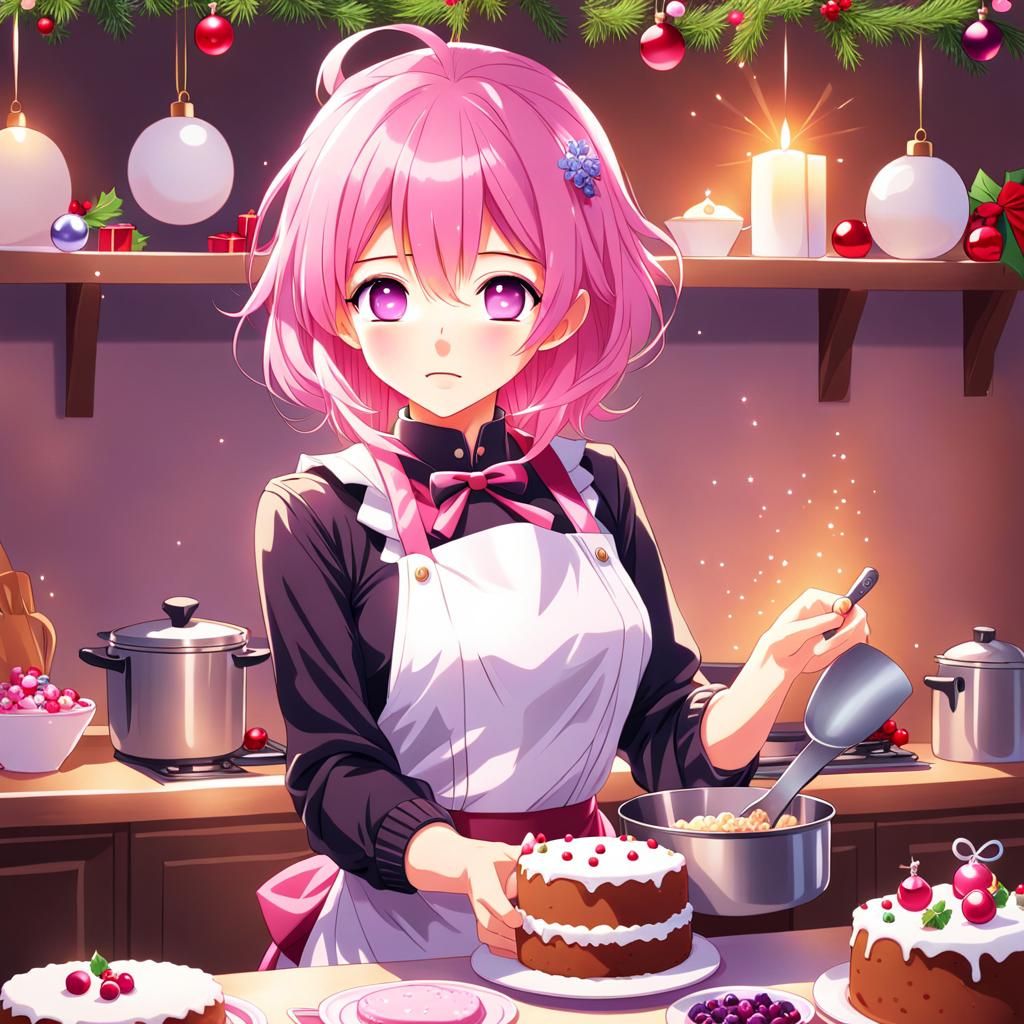 Anime Woman Bakes Christmas Cake in Manga Style