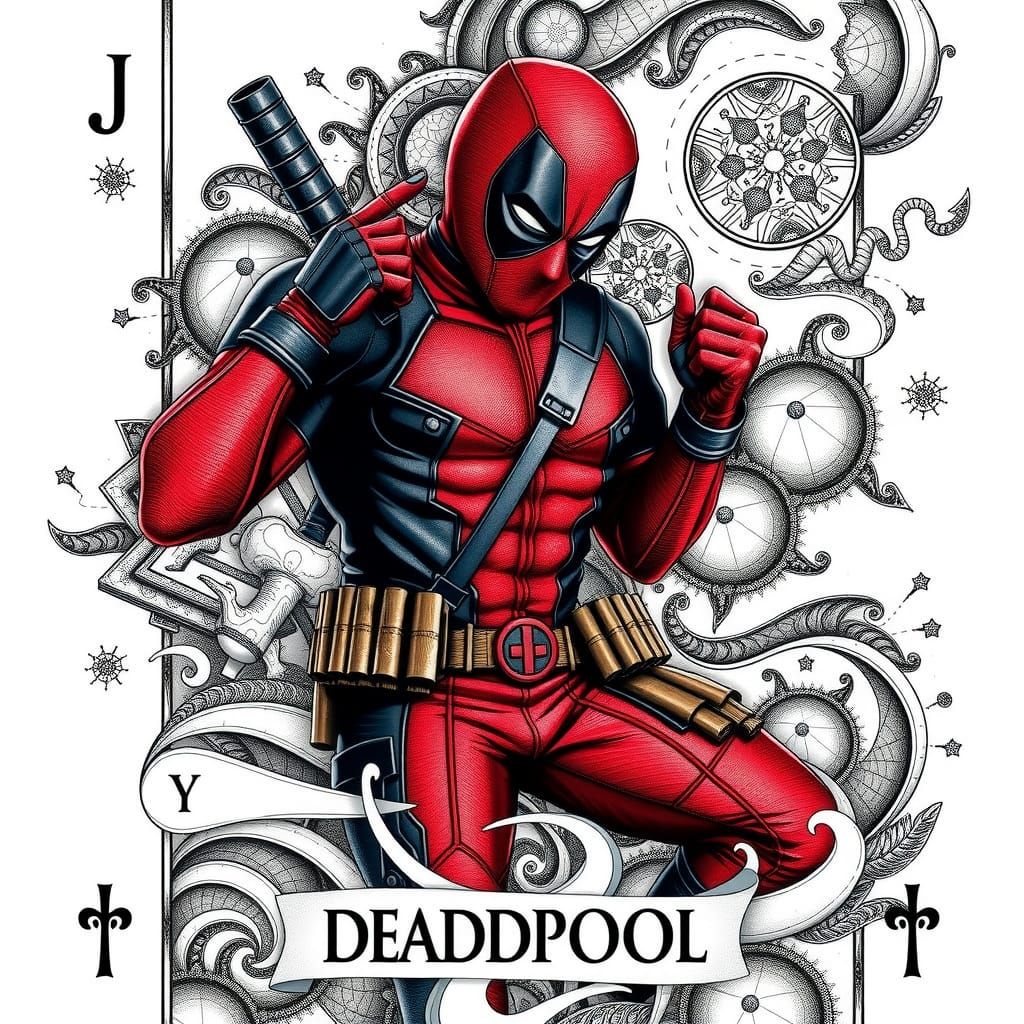 Deadpool Fantasy Tarot Card with Zentangle Details