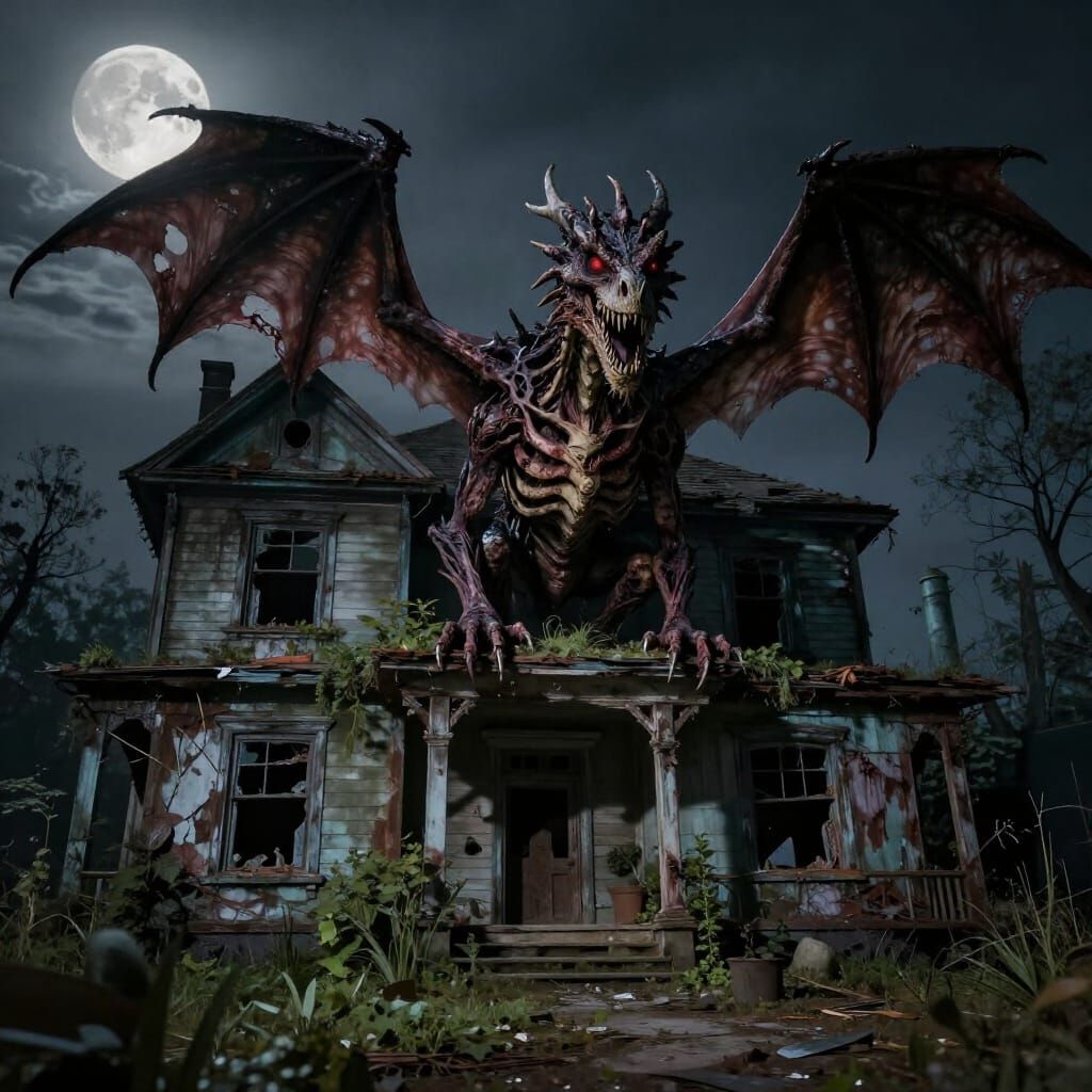 Creepy House with Aggressive Zombie Dragon in Dark Fantasy S...