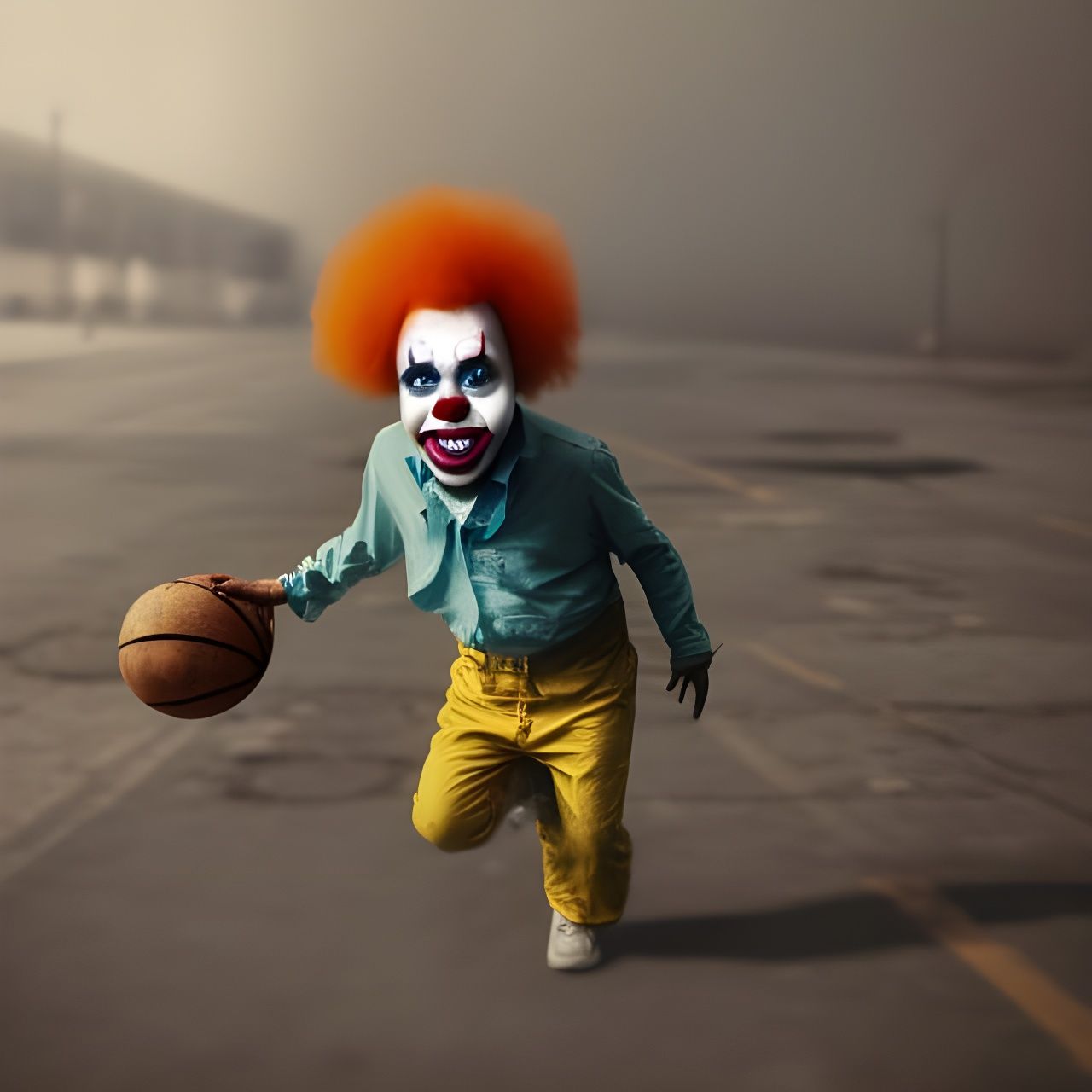 Clown practicing basket-ball in an abandonned parking lot