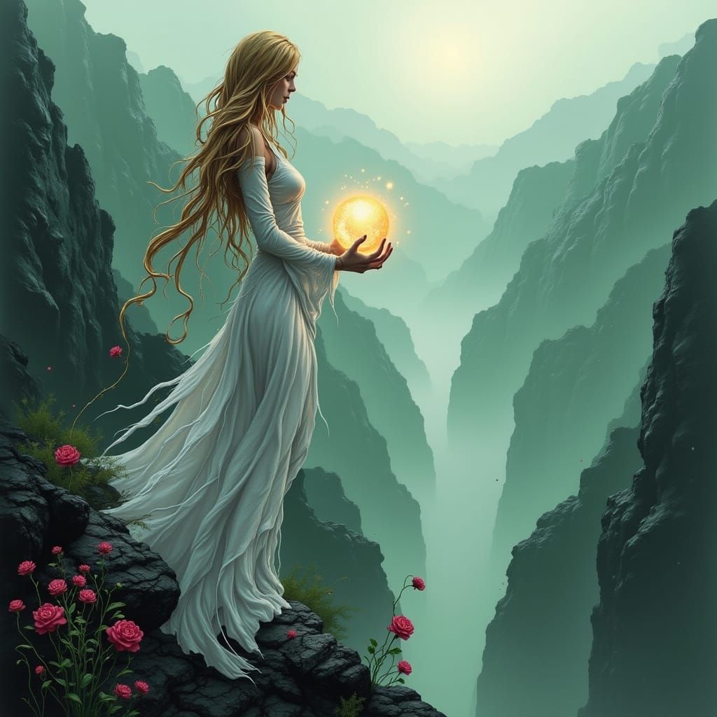 Ethereal Woman with Orb on Misty Cliff