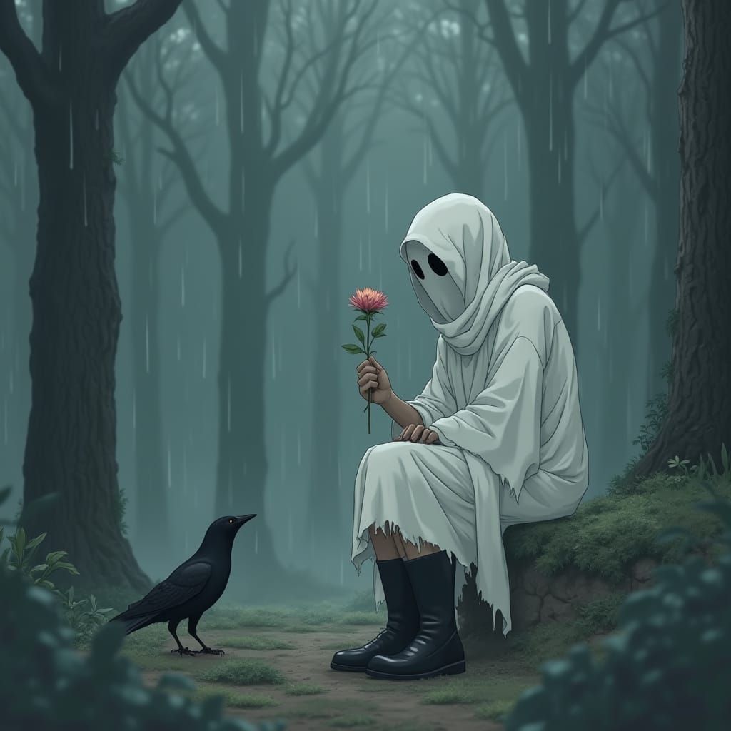 Ghost and Crow in Rainy Forest, Anime Style
