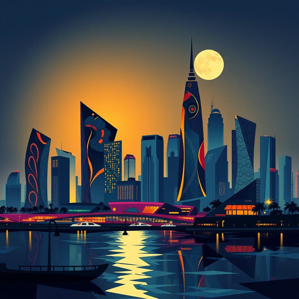Moonlit Indian Metropolis Skyline in Abstract Vector Style