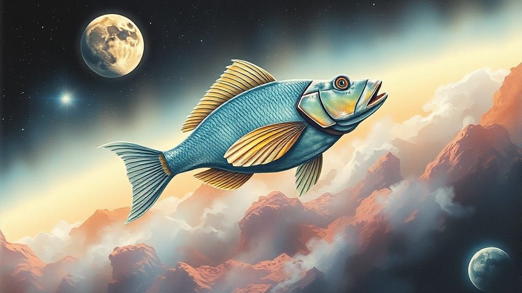 Fish Rides Horse Through Space in Vaporwave Style