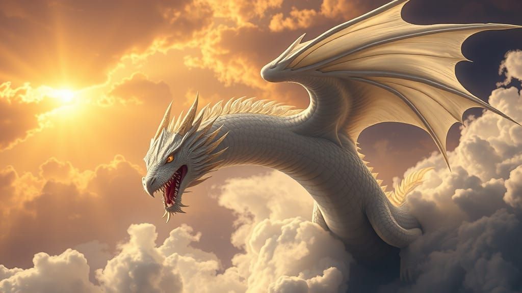 Majestic White Dragon Emerging from White Vapors in Dark Fan...