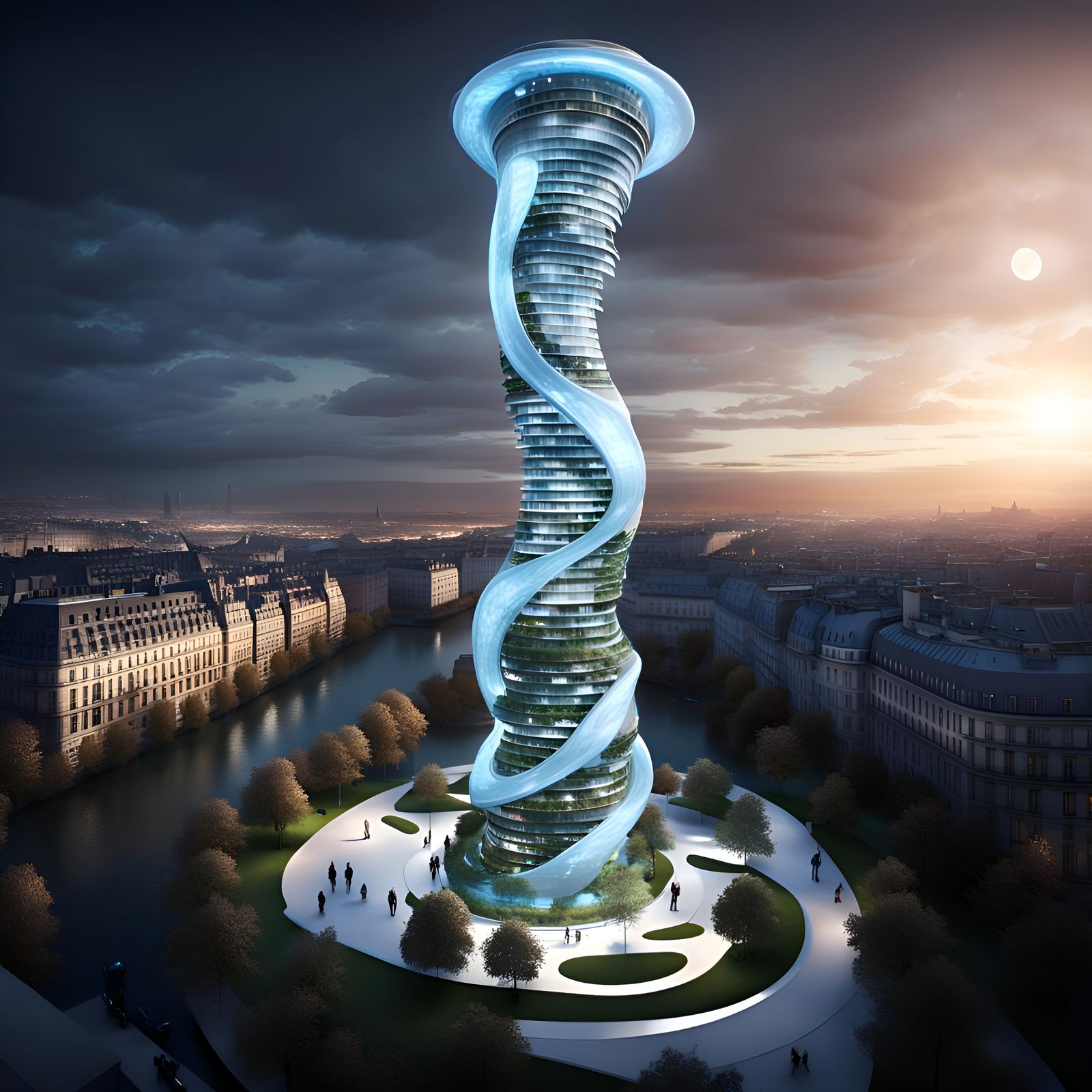 Bioluminescent Sci-Fi Tower Dominates Paris Cityscape
