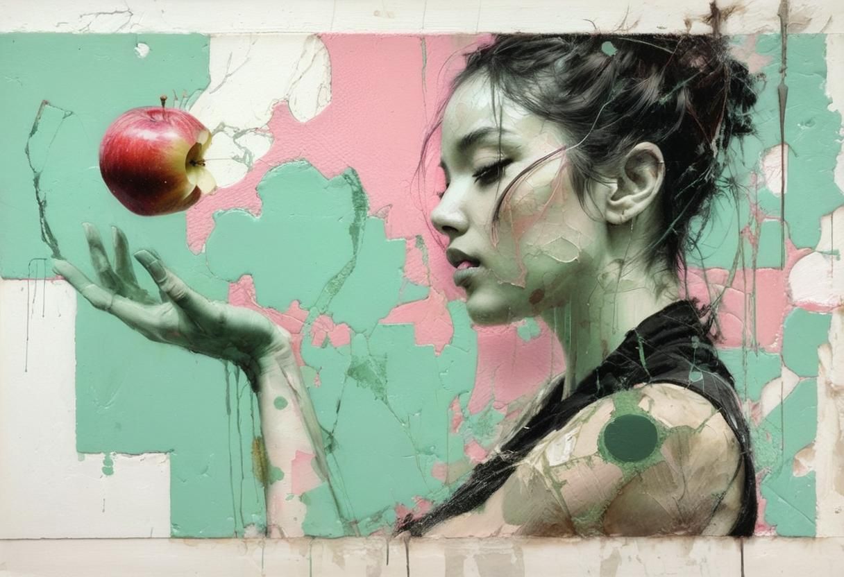 Surreal Oil Painting of Woman and Floating Apple
