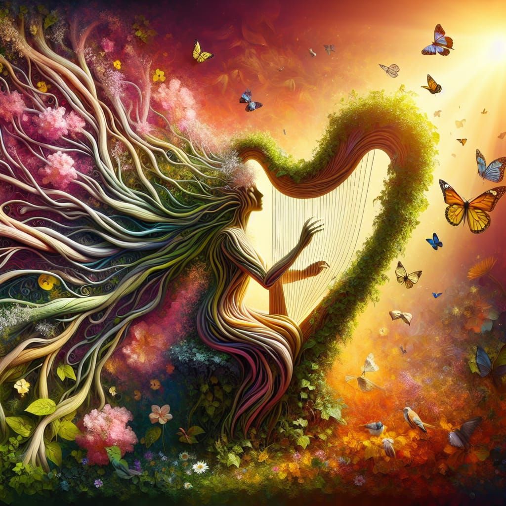Ethereal Floral Goddess Plays Harp in Vibrant Summer Setting