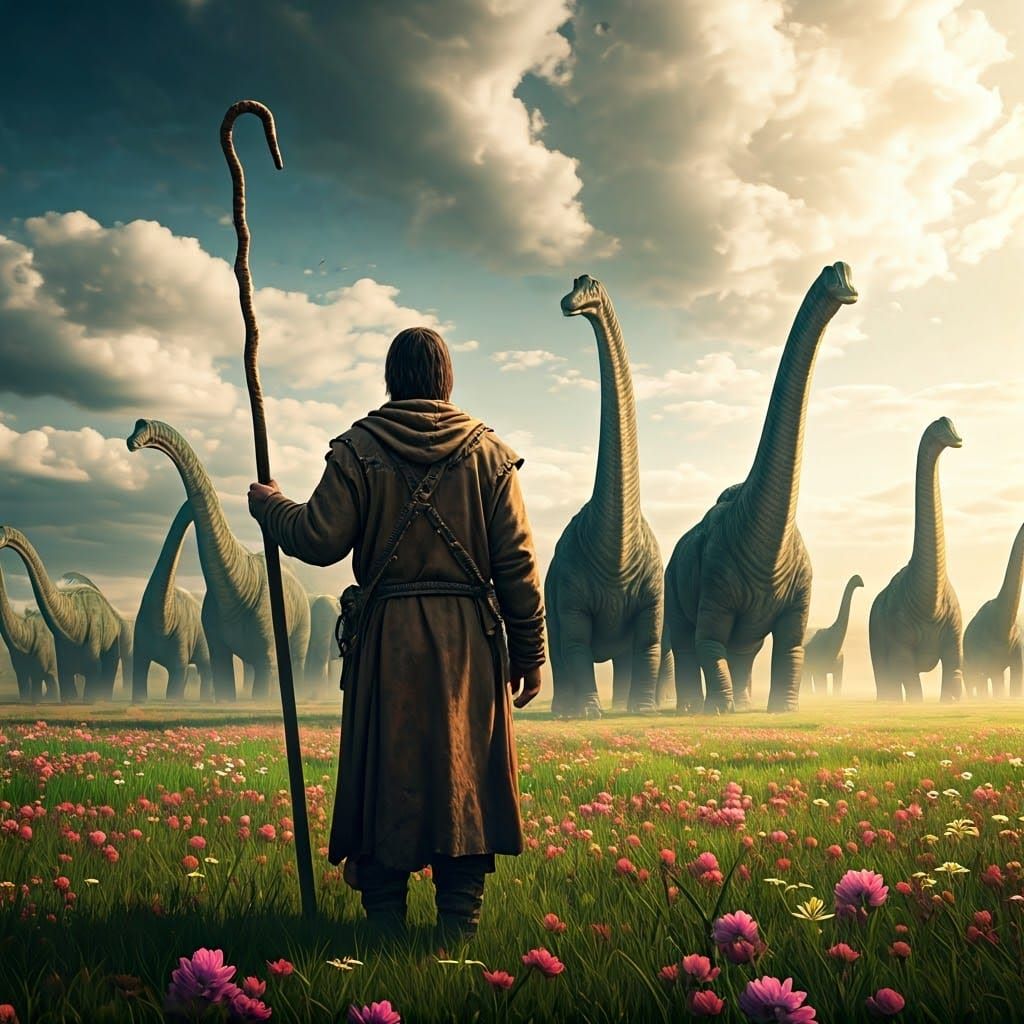 Shepherd Herding Brachiosaurs in Lush Meadow