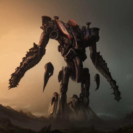Epic Giant Mech in Rain and Fog