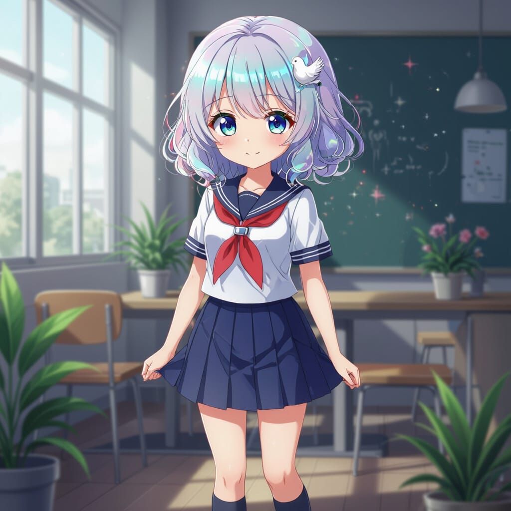 Cute Japanese Schoolgirl Hato with Silver Hair and Dove Broo...