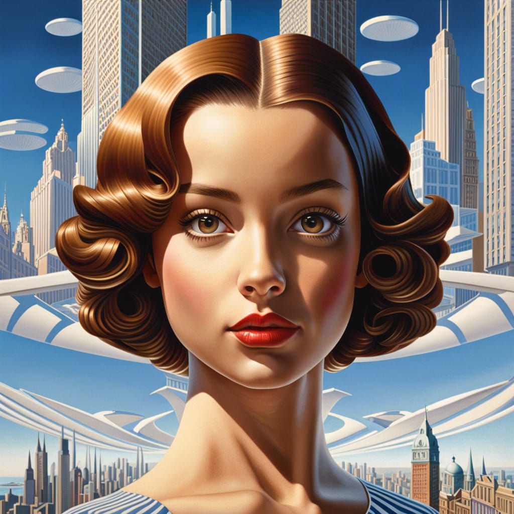 Hyperrealistic Girl in Retro-Futuristic Cityscape