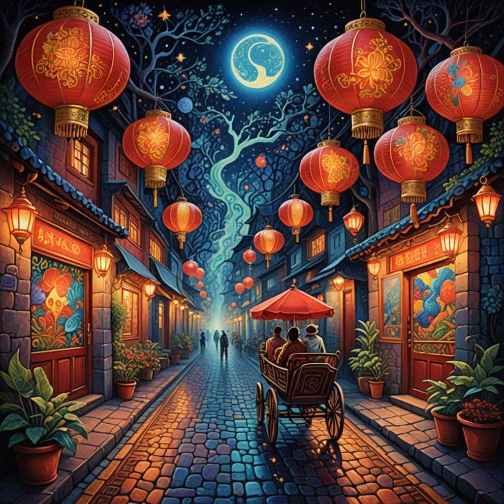 night market with red lanterns on carts. Background starry n...