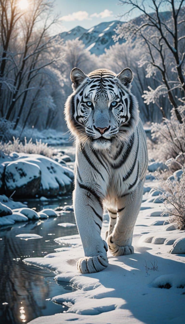 Surreal Winter Wonder of Majestic White Tiger in Motion