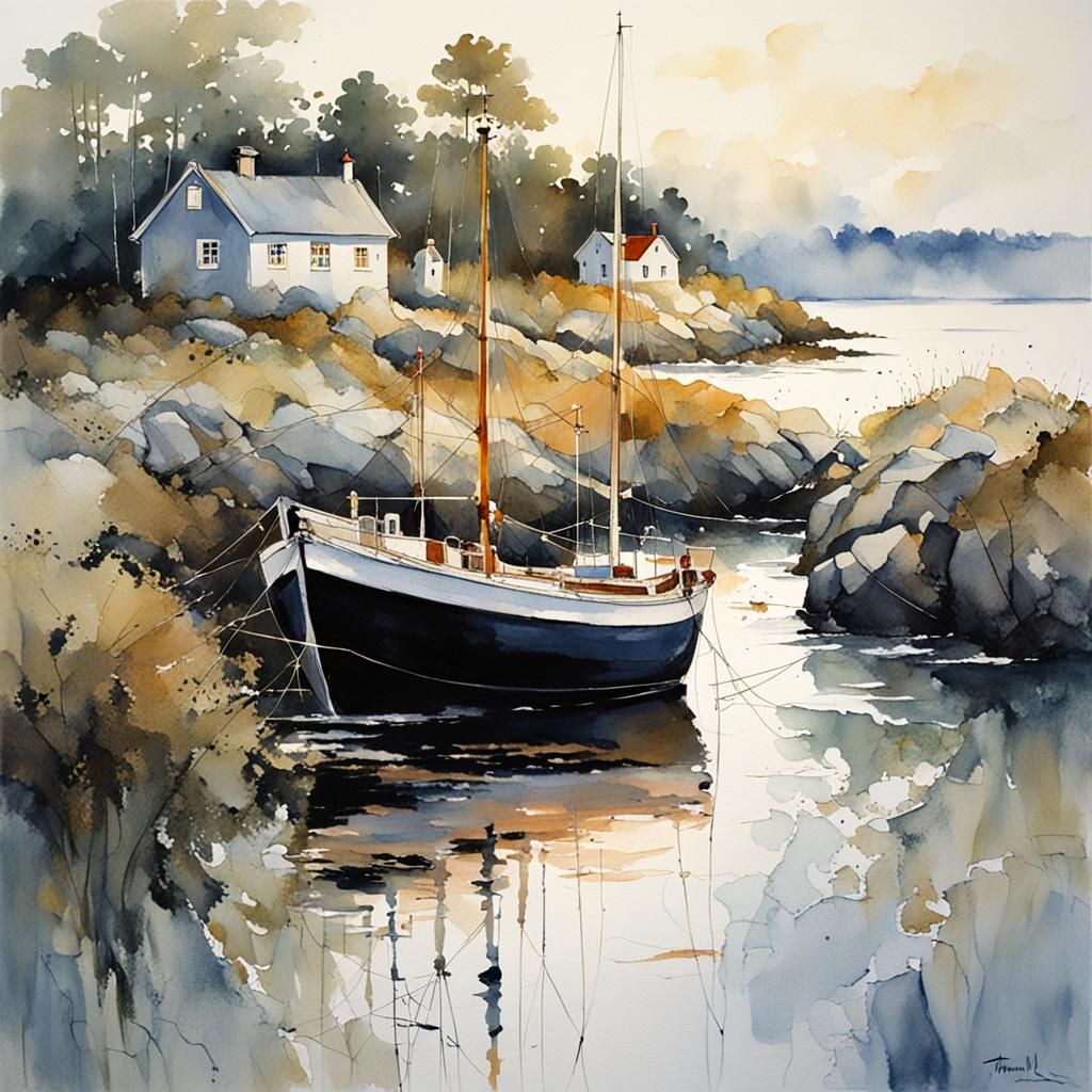 Swedish Archipelago Coast at Sunset: Watercolor Impression