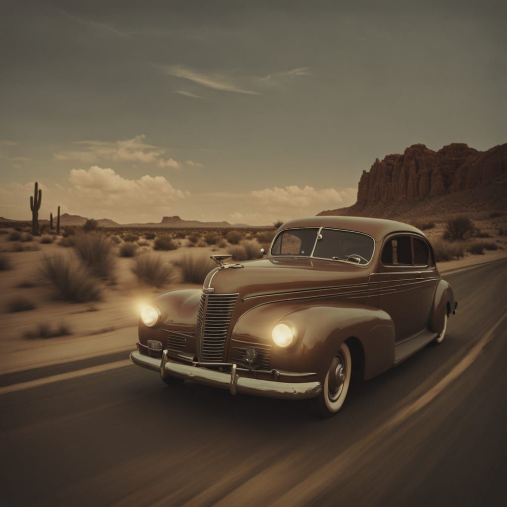 Vintage Car on Desert Road in Sepia Tones
