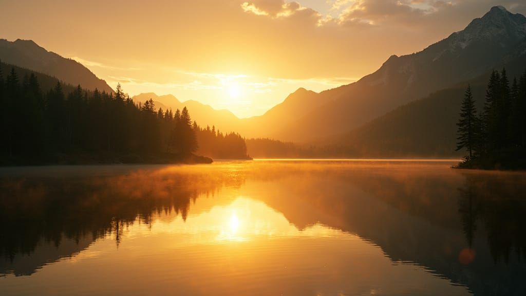 Golden Sunset Reflected on Serene Lake: Cinematic Film Still