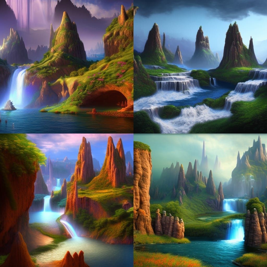Fantasy Landscape with Waterfalls and Rivers