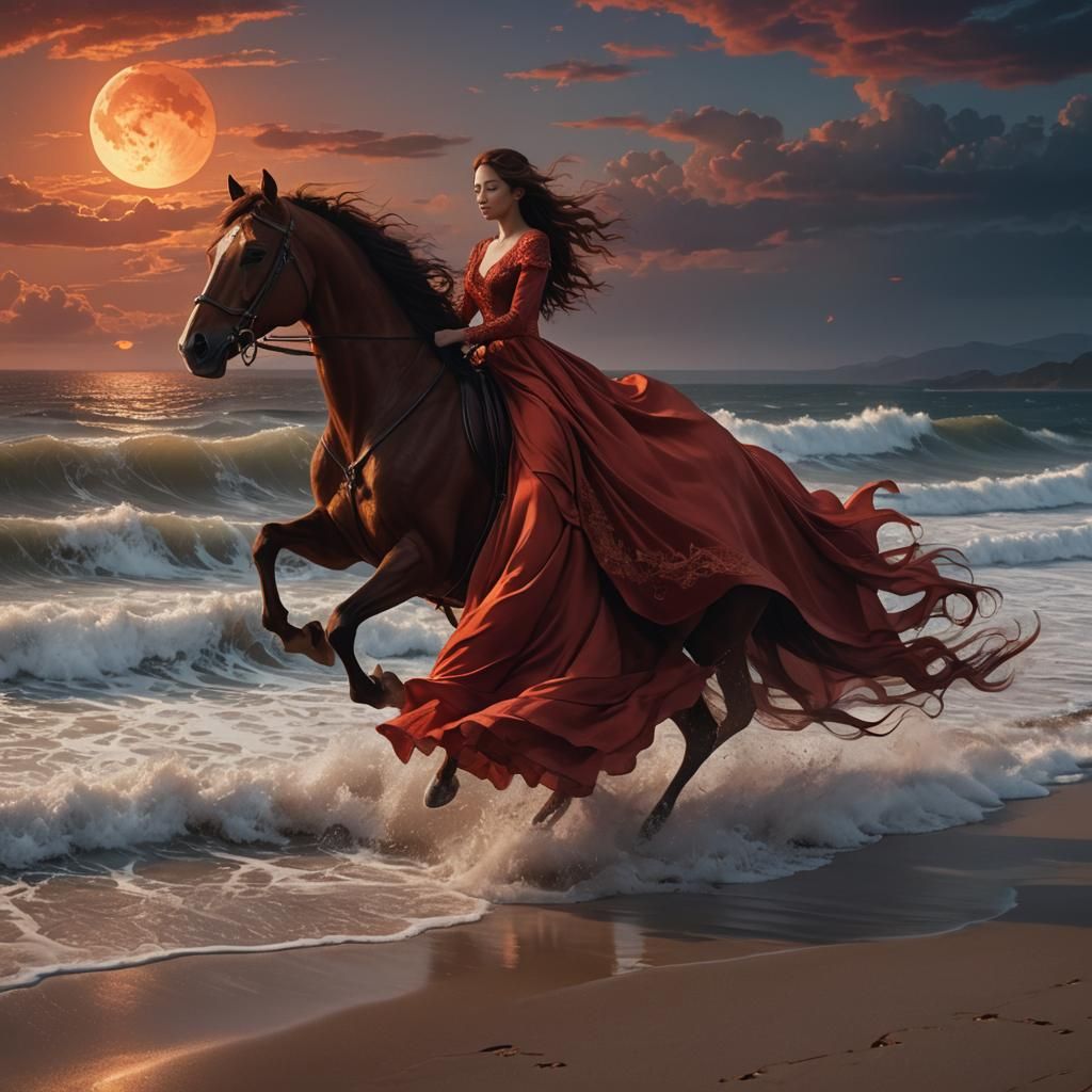 Girl Rides Red Horse on Windswept Beach