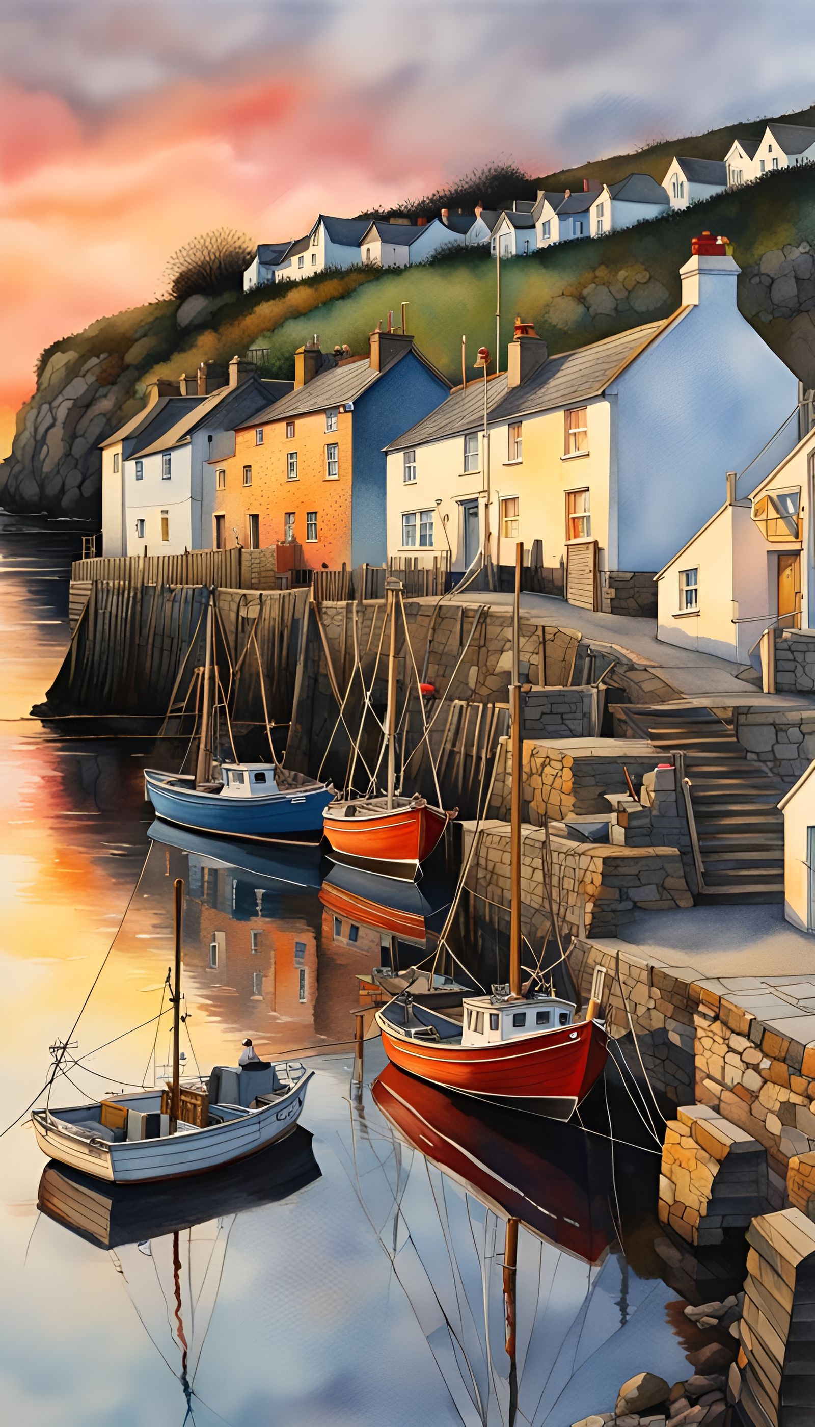 Cornish Fishing Village Sunset: Hyperrealistic Watercolour