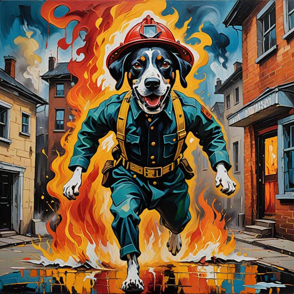 Neo-Impressionist Dalmatian Firefighter Emerges from Inferno