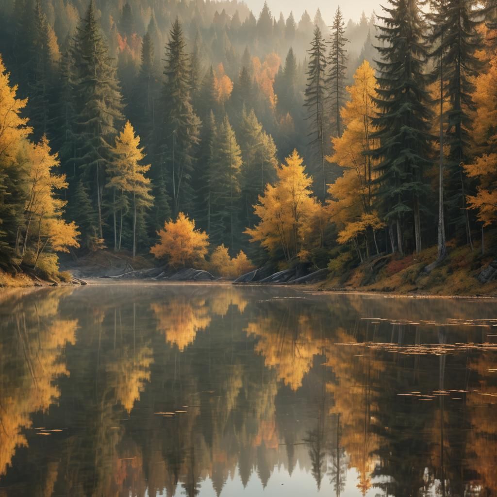 Tranquil Lake in Autumn Forest: Luminous Atmospheric Paintin...