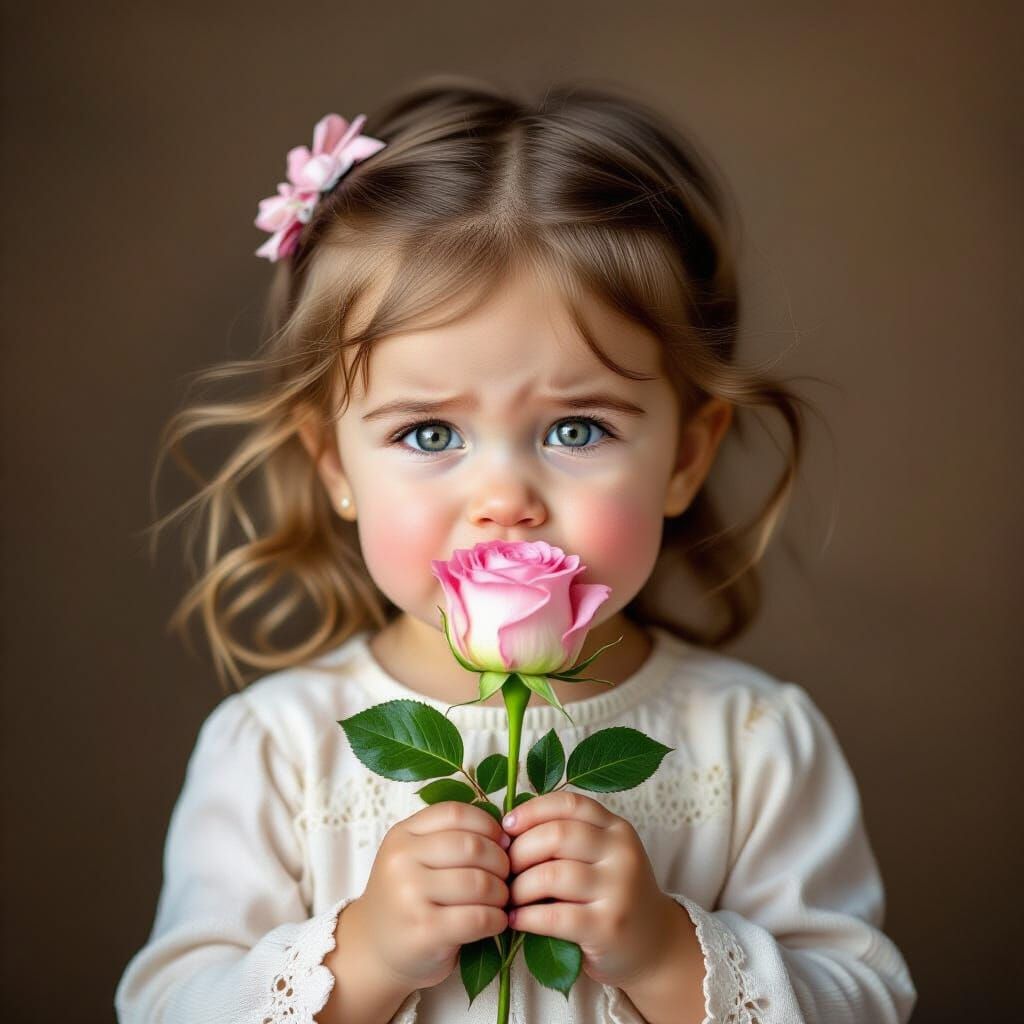Cute Baby Girl Holds Garlic Rose Stem with Funny Grin
