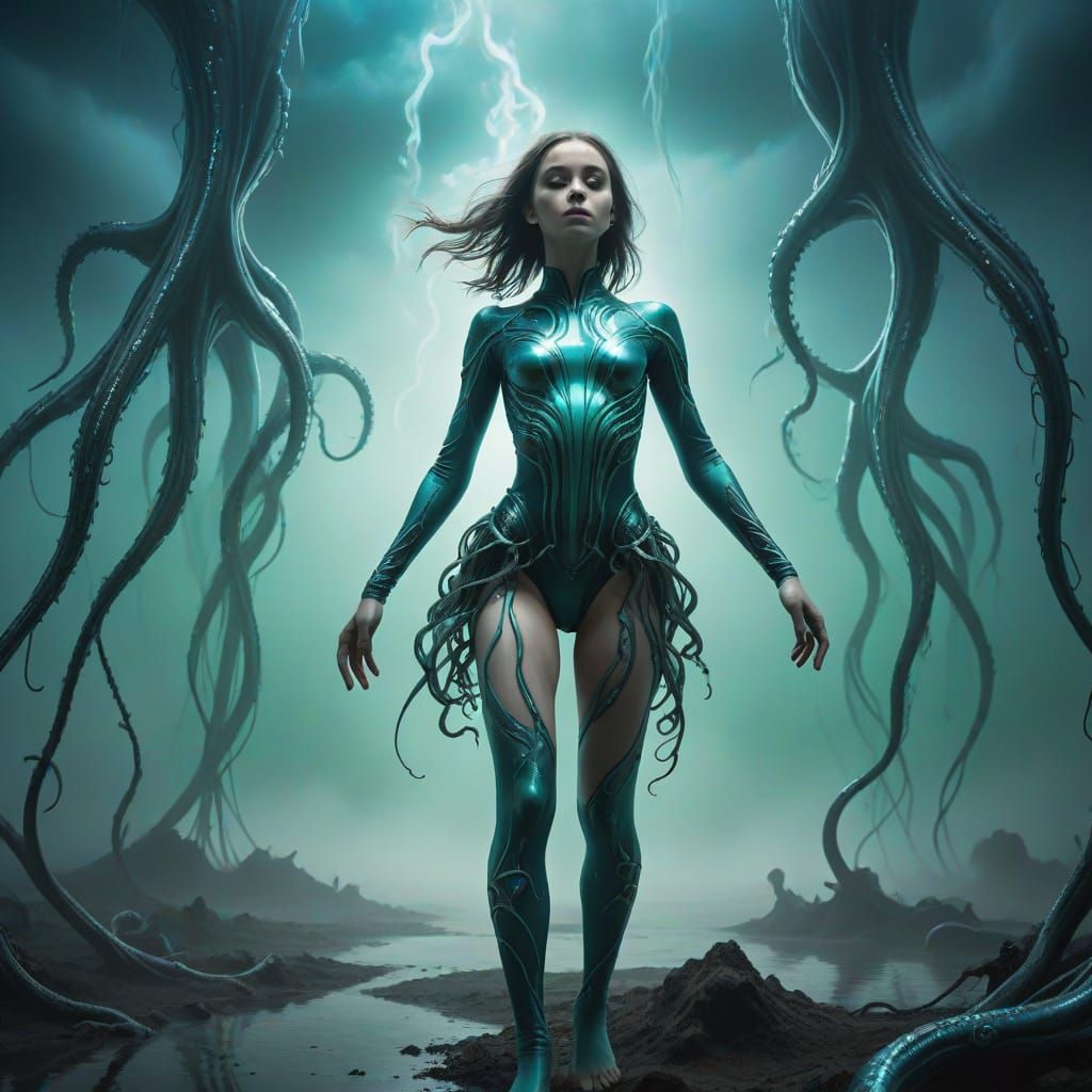 Surreal Gymnast Ensnared by Metallic Tentacles in a Dark, Dr...