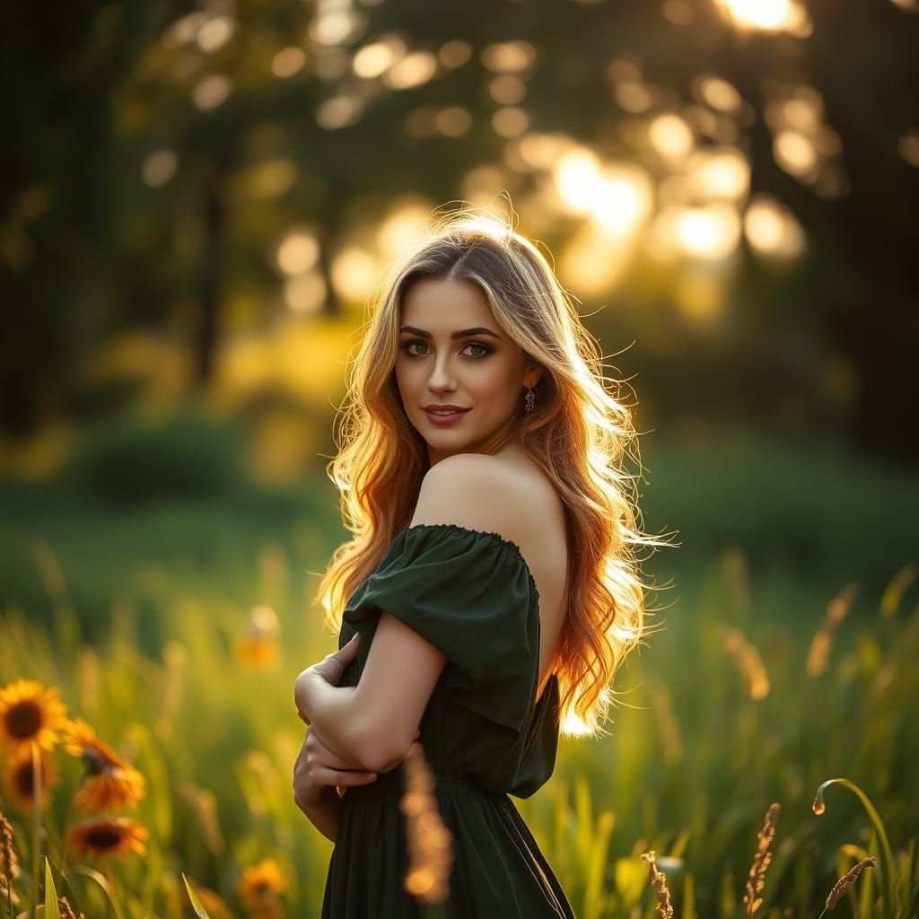 Elegant Woman in Lush Landscape with Golden Light