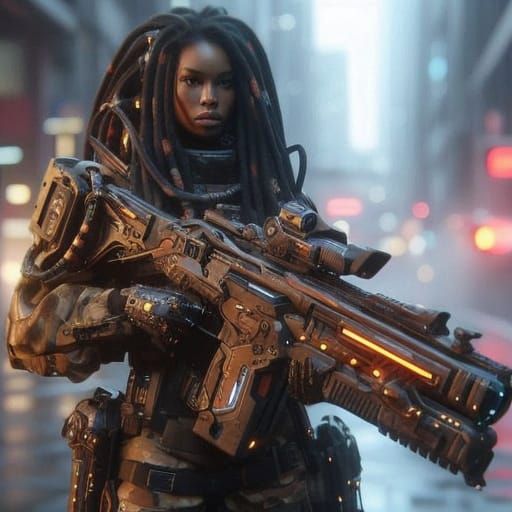 Epic Cyberpunk Heroine in Neon-Lit Cityscape