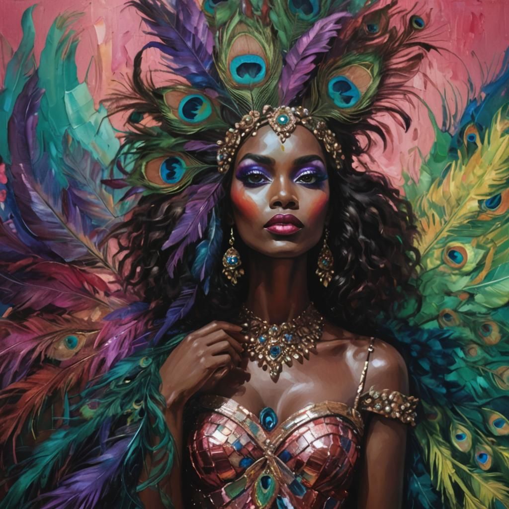 Abstract Expressionist Woman with Peacock Feathers