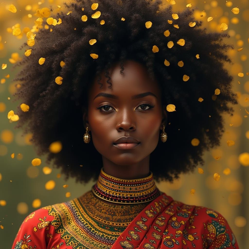 African Woman Portrait with Gold Petals in Hyperrealism