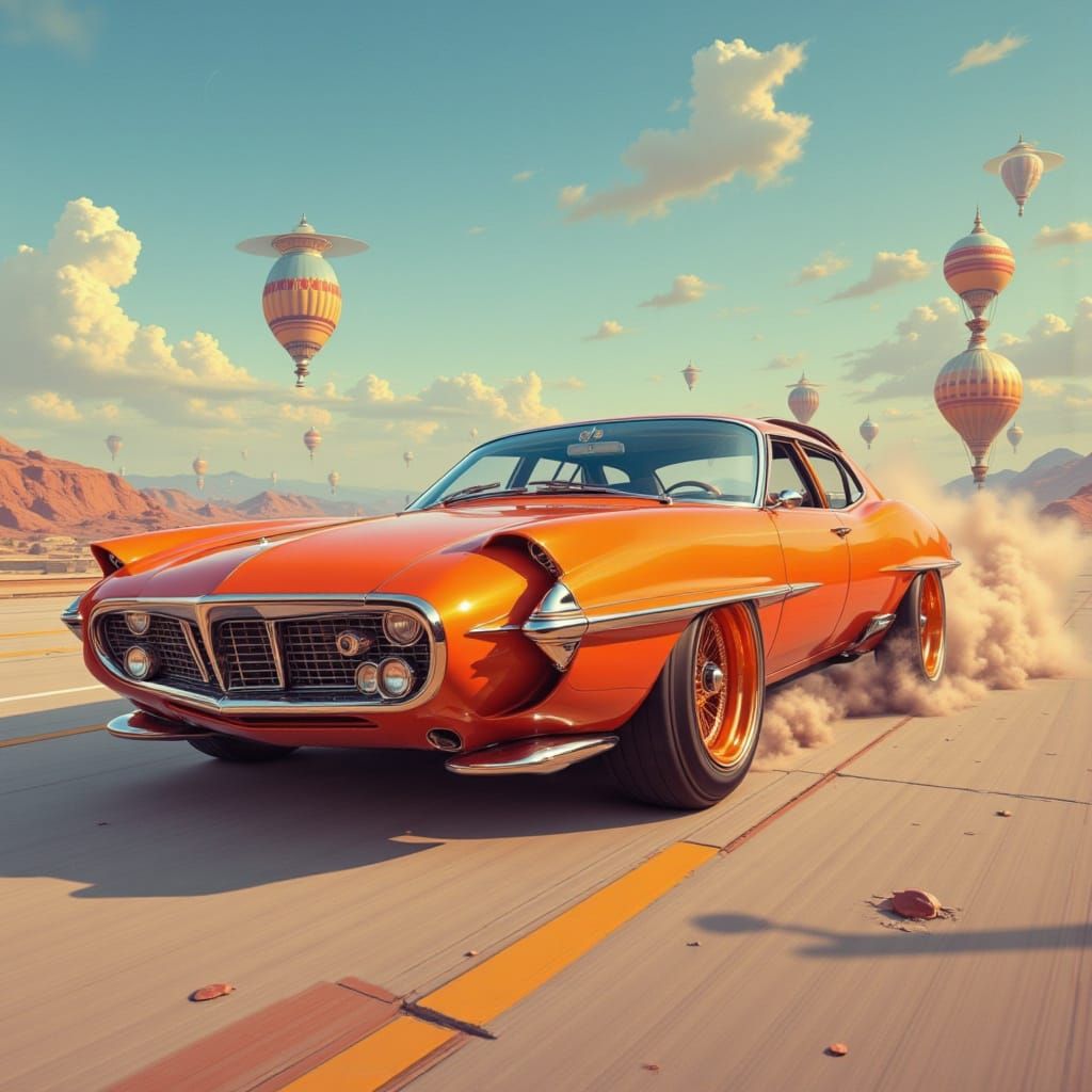 Retro Futuristic Orange Vehicle in Googie City