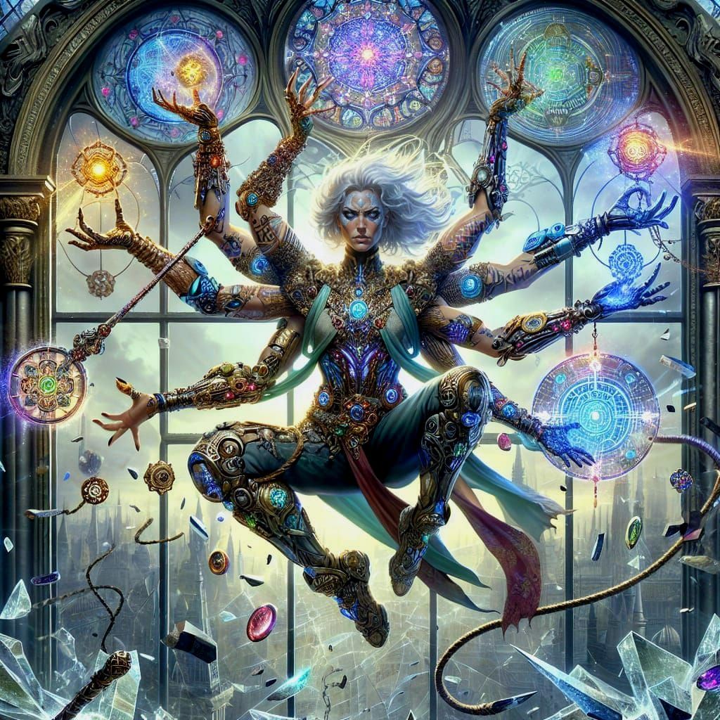 Futuristic Warrior Woman Leaps Through Shattered Stained Gla...