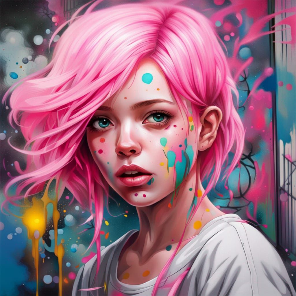 Cute Pink-Haired Girl in Graffiti Art Style