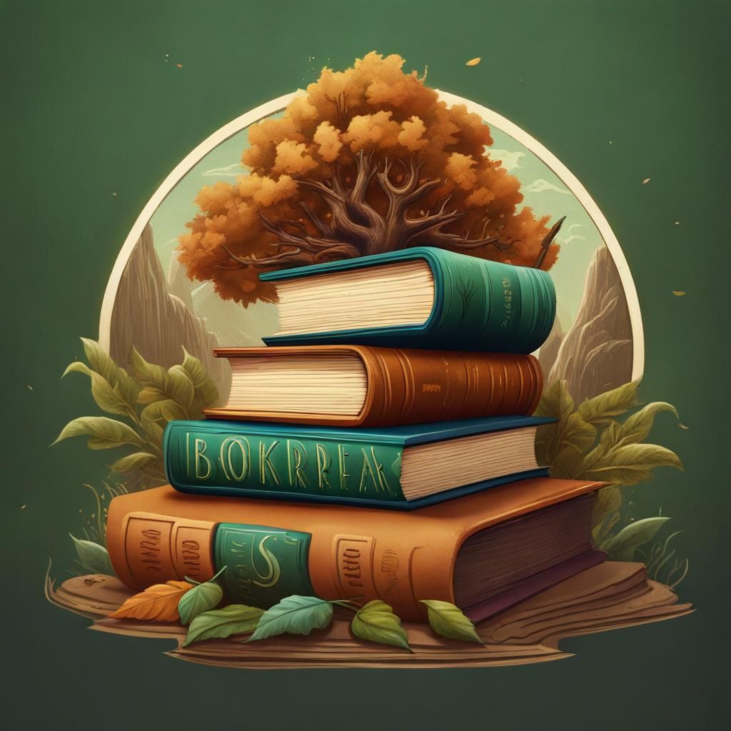 Vintage Bookstore Logo with Leaves Illustration