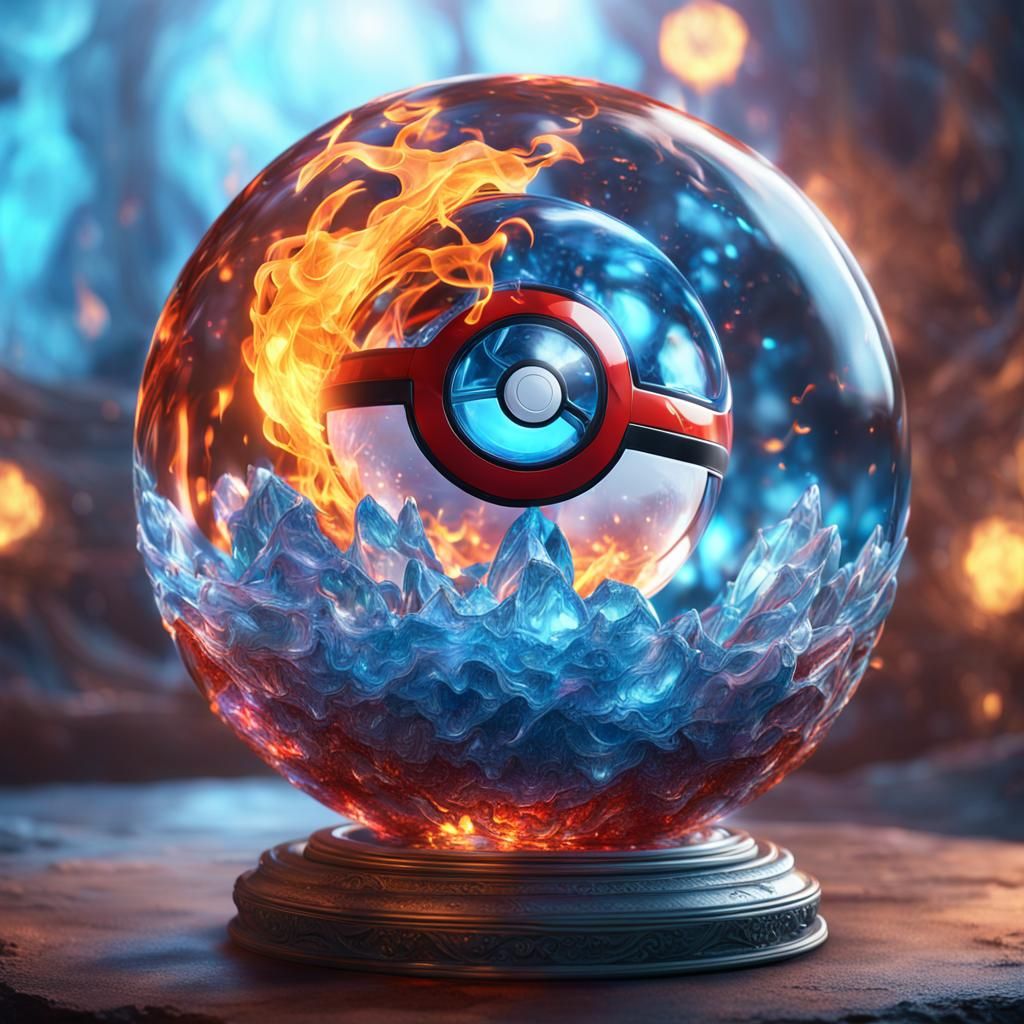 Fiery Icy Pokemon Ball in Glass Sculpture